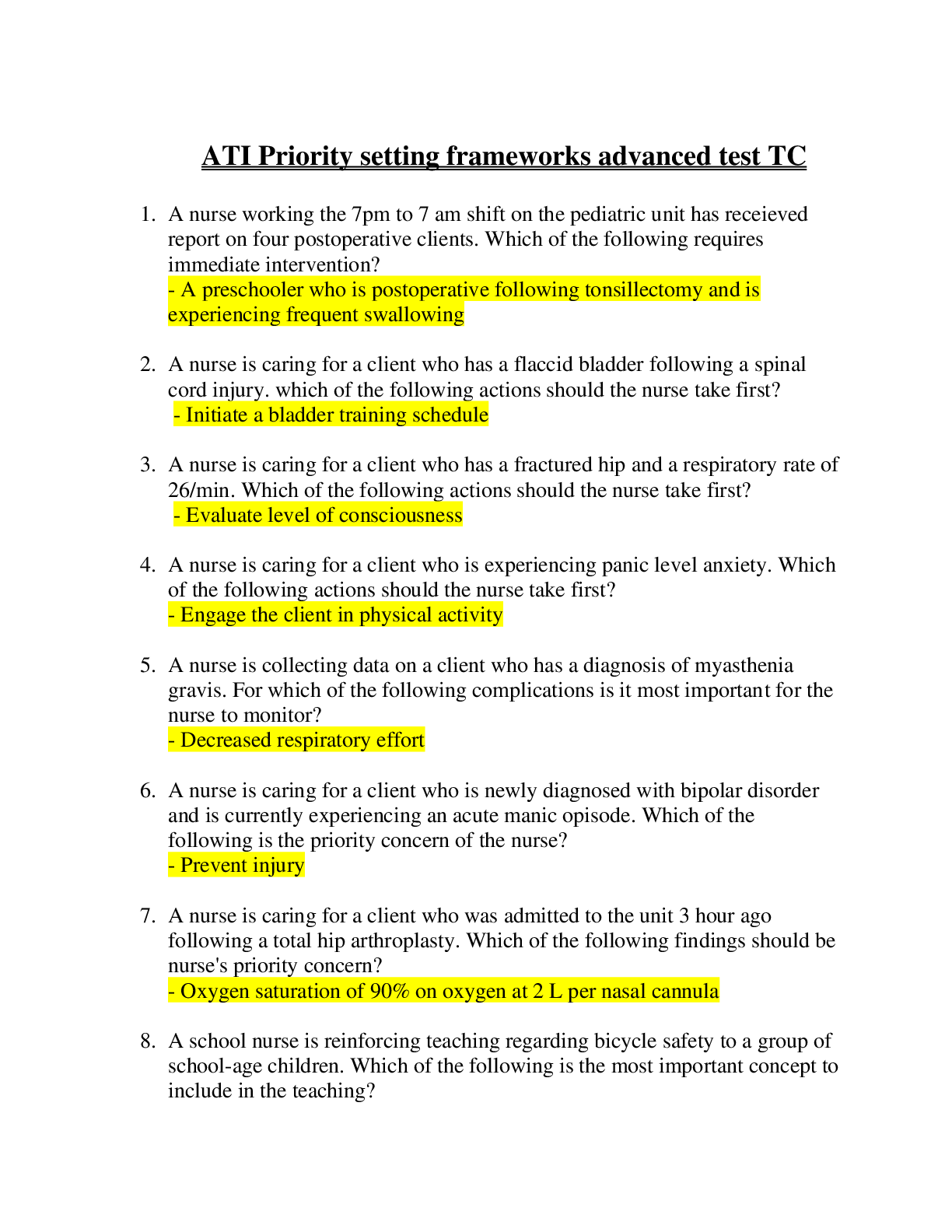 Preview image for (Answered)ATI Priority setting frameworks advanced test TC ; all correct 2022.